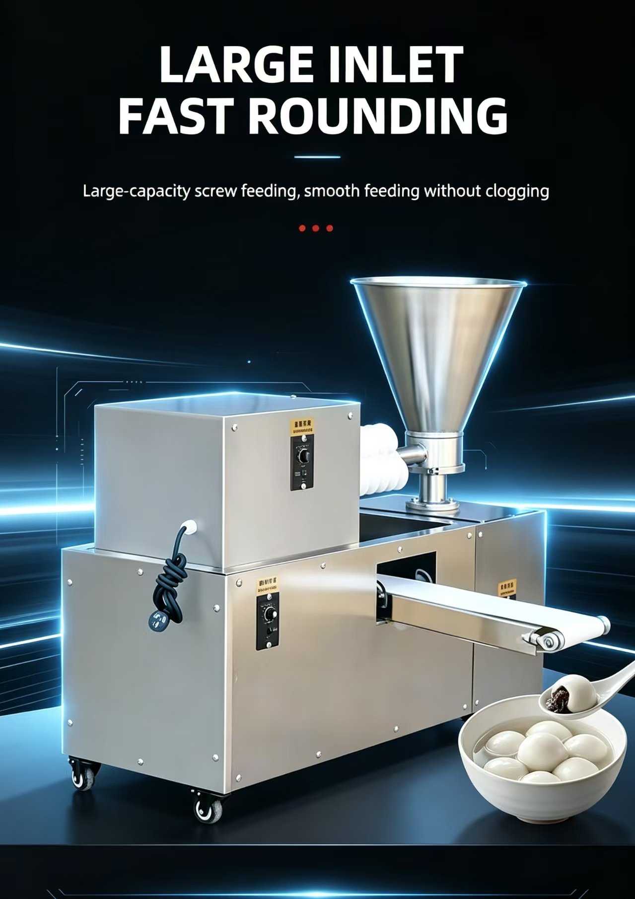Close-up of spiral rounding assembly and vertical feed hopper